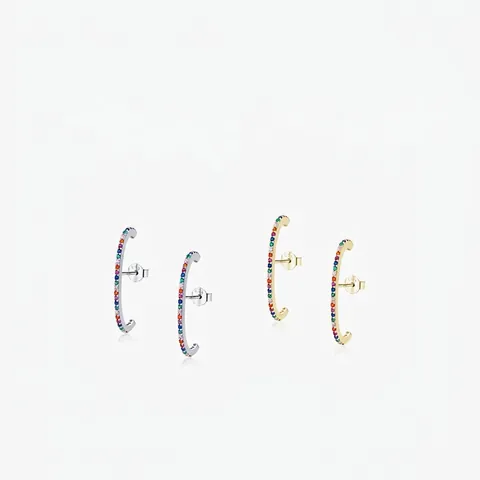 Rainbow Colorful Cubic Zirconia Stud Earrings With 925 Sterling Silver Earring Post Long C Shape Arc Women Fashion