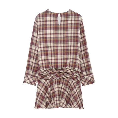 Women Plaid Mini Dress Long Sleeve Round Neck Waist Twist Knot Retro Elegant Bodycon Polyester Blend