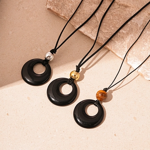 Collier Longue Chaîne De Pull Pendentif Géométrique En Résine Avec Perle Métallique Style Rétro Minimaliste
