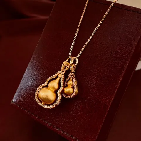Gestapelde Hulu Kalebas Hanger Ketting Koper Zirkoon Verguld Matte Afwerking Chinese Stijl Luxe Elegante Sieraden Voor Vrouwen