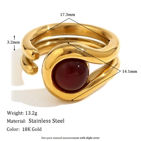 Women Double Layer Open Ring 18K Gold Plated Stainless Steel Red Stone Geometric Retro Adjustable Jewelry