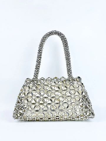 Handgefertigte Künstliche Perlenhandtasche Ausgehöhlte Gewebte Künstliche Perlentasche Glänzende Metallische Mode Casual Tasche Für Damen