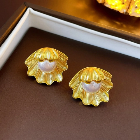 Pendientes De Perlas Artificiales Y Conchas Doradas Vintage Con Poste De Plata Esterlina 925 Aleación Corazón Flor Para Mujeres