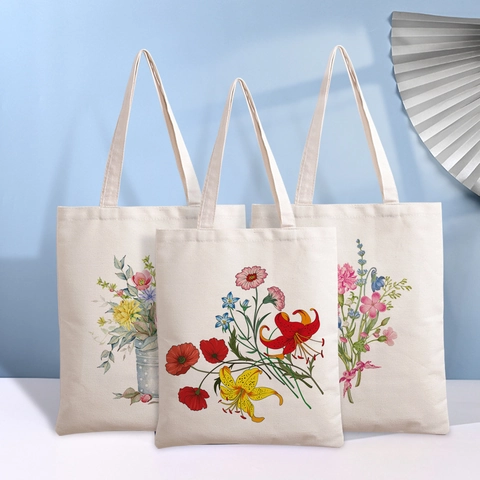 Floral Canvas Tote Bag Artistic Watercolor Flower Print Reusable Cotton Linen Shoulder Handbag For Women Daily Casual