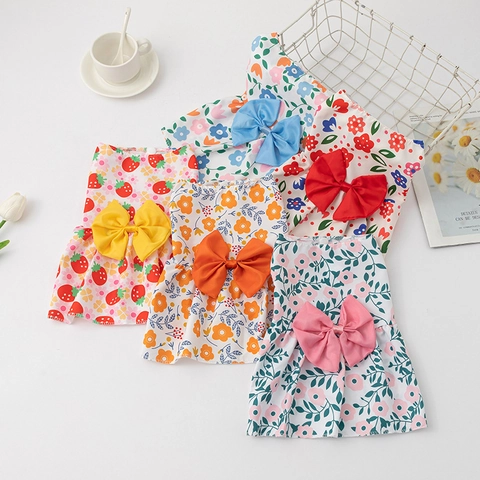 Pet Dress Floral Strawberry Polka Dot Skirt With Bow Breathable Polyester Clothes For Small Dogs Cats Summer Style