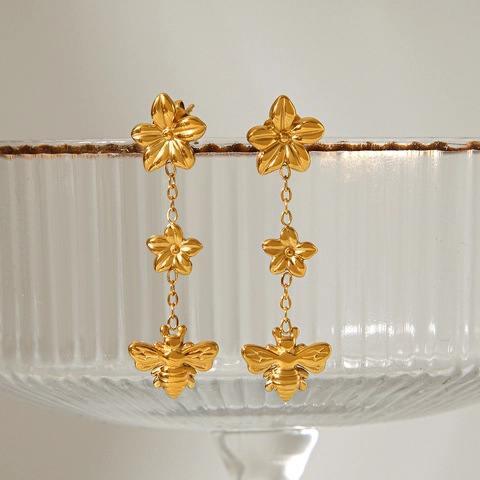 Blumen Biene Tropfen Ohrringe Edelstahl 18K Vergoldet Lange Quasten Ohrhänger Mode Schmuck Für Damen