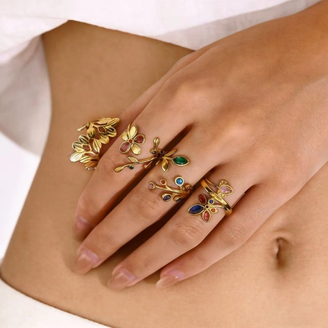 Stainless Steel Leaf Open Ring For Women 18K Gold Plated Colorful Rhinestone Adjustable Flower Finger Ring French Style Jewelry