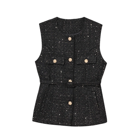 Women Sequin Tweed Vest Round Neck Sleeveless Elegant Boucle Top With Belt Gold Buttons Vintage Outerwear