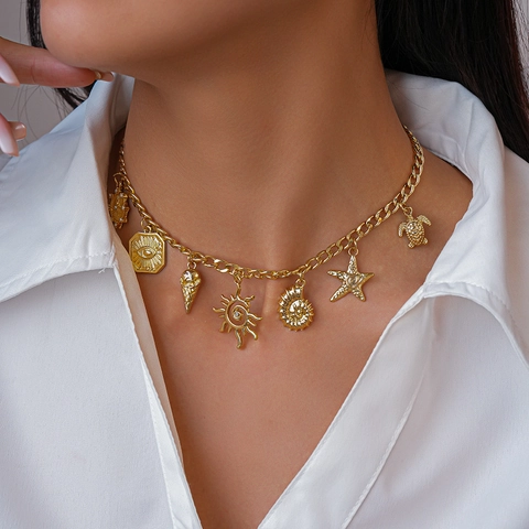 Chunky Ketting Hanger Halsketting Oceaan Hangers Zeeschildpad Zeester Zon Boze Oog Legering Strass Sieraden Voor Dames