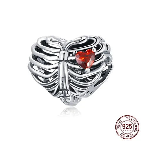 925 Sterling Silver Rib Cage Heart Charm Bead With Red Heart Zirconia Gothic Punk Jewelry Accessory For DIY Bracelet Necklace