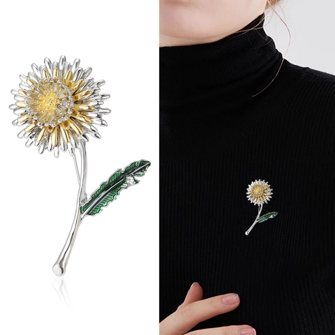 Elegant Dandelion Flower Brooch Alloy Enamel Rhinestone Pin For Women Fashion Jewelry Gold Silver Bicolor Vintage Style