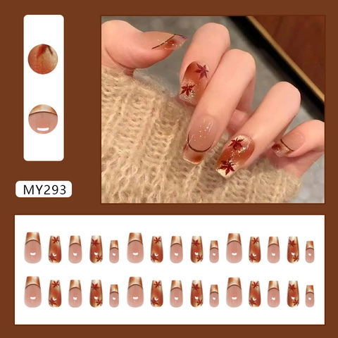 Autumn Maple Leaf Cat Eye Press On Nails French Gradient Glossy Square Fake Nails For Women