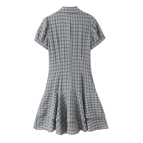 Plaid Mini Dress Short Sleeve Shirt Collar Tiered Ruffle Hem Button Down High Waist Polyester Preppy Style