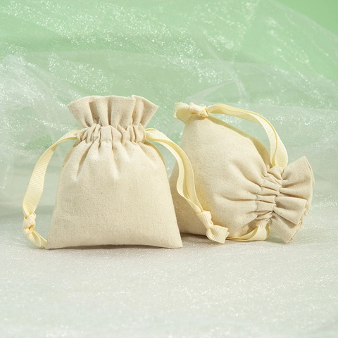Cotton Linen Drawstring Jewelry Bags Ruffled Edge Ribbon Tie Beige Small Packaging Pouches For Bracelets Ornaments