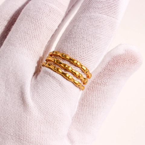 Bamboo Joint Multi Layer Open Adjustable Ring For Women Modern Gold Plated Brass Geometric Wave Versatile Jewelry