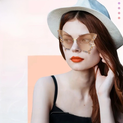 Occhiali Da Sole A Farfalla Senza Montura Oversize Con Strass Montatura In Metallo Protezione UV400 Donne