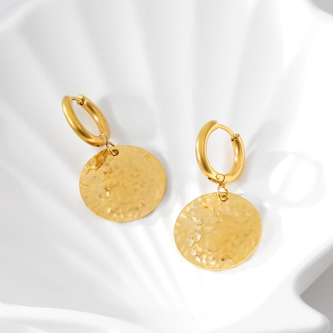 Minimalist Stainless Steel Hammered Round Drop Earrings Gold Plated Geometric Fashion Jewelry Gift For Women