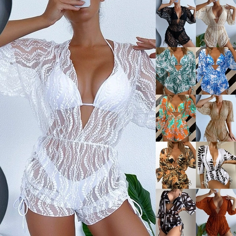 Women Bikini Top And Bottom With Mesh Beach Cover Up Tropical Print Long Sleeve Deep V Neck Drawstring Swimwear Vacation
