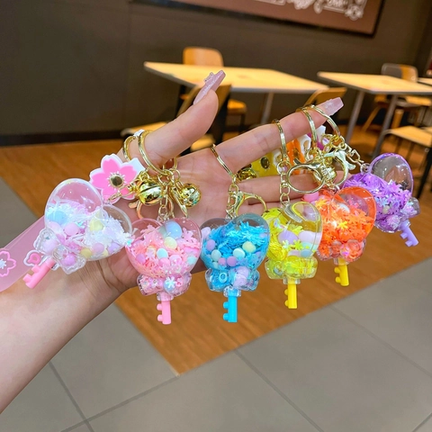 Sakura Heart Liquid Quicksand Keychain Acrylic Glitter Key Ring With Silicone Strap For Women Girls Bag Pendant Gift