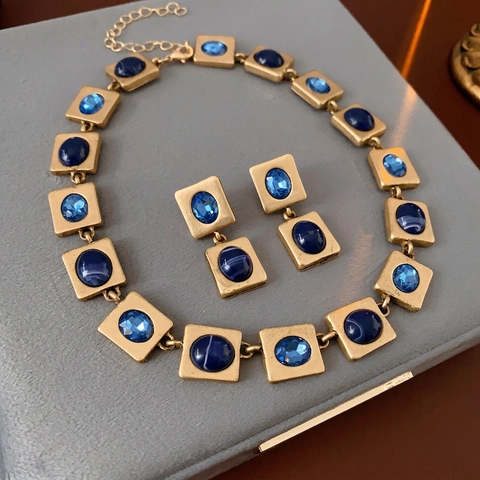 Vintage Palast Stil Quadratische Geometrische Halskette Und Ohrringe Mit Silbernem Ohrstecker Blauer Harz Edelstein