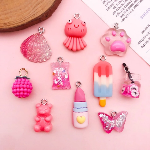 Resin Cartoon Charms For Jewelry Making Pink Rose Red Bear Butterfly Candy Cat Paw Shapes DIY Craft Supplies Women Jewelry