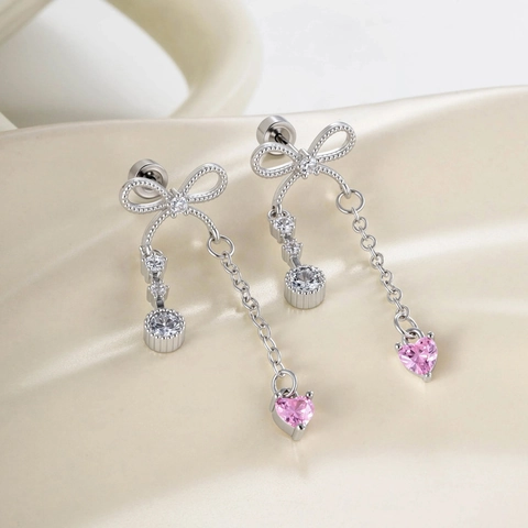 Pendiente De Cartílago Con Lazo Y Borla 925 Sterling Silver Earring Post Corazón Rosa Circonita Joyería Chic Para Mujer