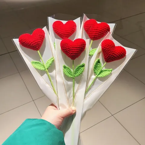 Flor De Corazón De Ganchillo Hecha A Mano Ramo Tejido De Hilo De Lana Decoración Hogar Rojo Regalo