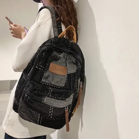 Vintage Denim Patchwork Rucksack Große Kapazität Kontrastnähte Wasserdicht Schultasche Retro Streetwear Unisex