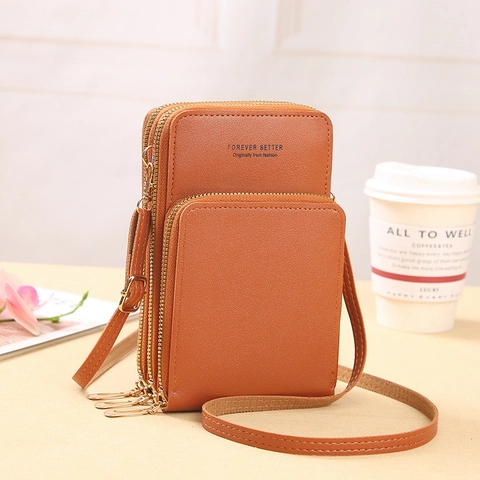 Women Crossbody Mobile Phone Bag PU Leather Multi Layer Touch Screen Purse Wallet Fashion Simple Adjustable Shoulder Strap