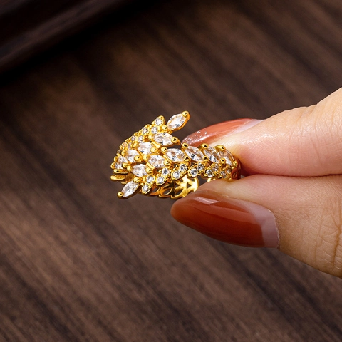 Anillo Abierto De Espiga De Trigo Cobre Chapado En Oro Marquesa Circonita Blanca Ajustable Joyería Retro De Lujo Para Mujer