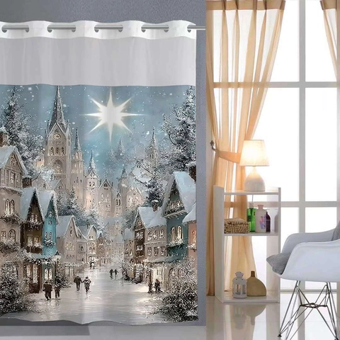 Tenda Da Doccia In Poliestere Impermeabile Con Fodera Rimovibile Finestra A Rete Occhielli Paesaggio Innevato Inverno