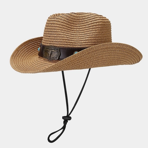 Western Cowboy Straw Hat With Bull Head Metal Decor Turquoise Leather Belt Breathable Sun Protection Outdoor Beach Hat