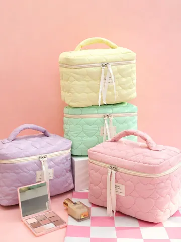 Quilted Heart Makeup Bag Large Capacity Portable Polyester Storage Pouch Travel Toiletry Case Sweet Macaron Colors