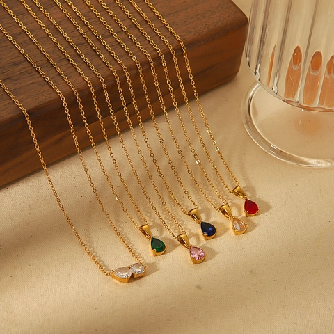 Stainless Steel Water Drop Pendant Necklace For Women Gold Plated Colorful Rhinestone Birthstone Choker Jewelry Accessory