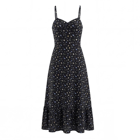 Robe Maxi Pour Femmes Imprimé Fleuri À Fines Bretelles Col En V Dos Froncé Ourlet À Volants Sans Manches