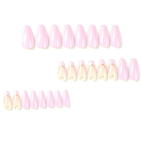 Press On Kunstnagels French Tip Paars Amandel Met Witte Bloem Gouden Glitterrand Elegante Lange Manicure Voor Dames