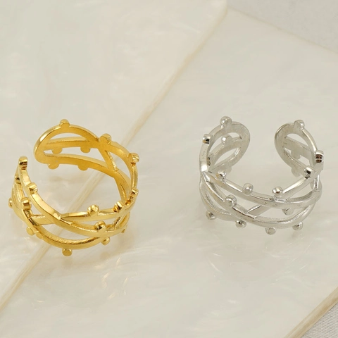 Anillo De Acero Inoxidable Vid Entrelazada Hueca Abierto Ajustable Con Cuentas Joyería De Moda Para Mujeres
