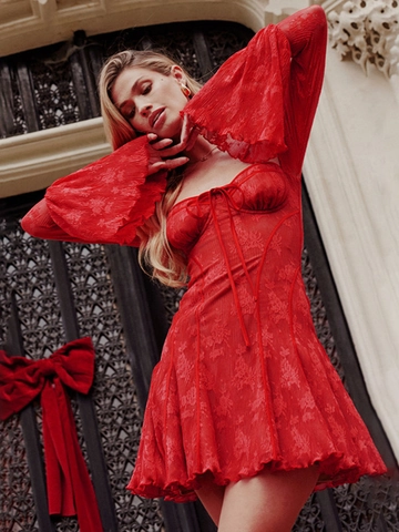 Long Sleeve Lace Mini Dress Flare Bell Sleeves Square Neck Tie Front Backless Elegant Party Evening For Women