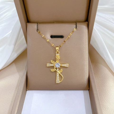 Rose Cross Pendant Necklace Titanium Steel Copper Inlaid Zircon Elegant Fashion Jewelry For Women Gold Tone
