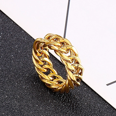 Anillo De Cadena De Eslabones Cubanos De Acero Inoxidable Pulido Espejo Tejido Doble Joyería Estilo Industrial Punk Hip Hop Para Hombres Mujeres