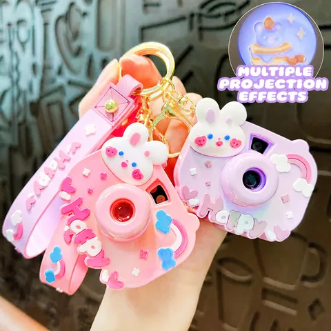 Cute Rabbit Camera Keychain Colorful Projection Toy Pendant For School Bag Gift Women Kids Plastic Camera Ornament