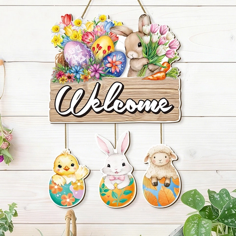 Wooden Easter Welcome Sign Hanging Decoration Cute Bunny Egg Design For Front Door Wall Porch Holiday Home Decor