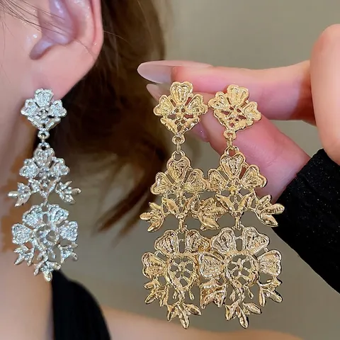 Hollow Flower Tiered Tassel Drop Earrings With 925 Sterling Silver Earring Post Retro Palace Style French Baroque Jewelry