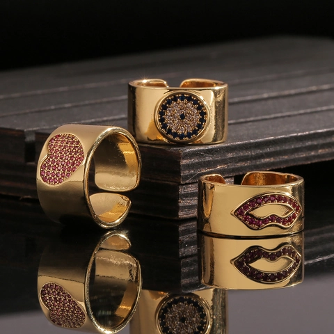 Wide Band Ring Copper Gold Plated Cubic Zirconia Open Adjustable Heart Lips Evil Eye Fashion Jewelry For Women