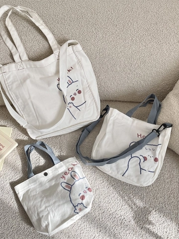 Borsa Tote Kawaii In Tela Con Stampa Coniglio Orso Tracolla Regolabile Per Donne Studentesse Stile Fresco