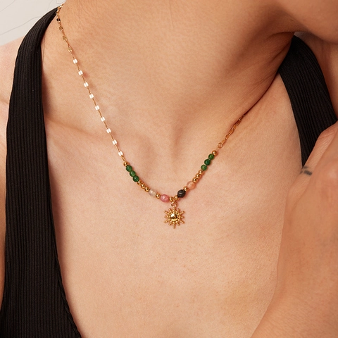 Collar Con Colgante De Sol Acero Inoxidable Chapado En Oro 18K Cuentas Piedra Natural Joyería Retro Bohemio