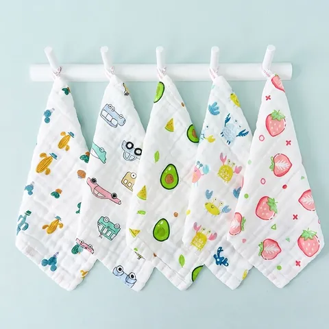 Baby Washcloths 100% Cotton 6-Layer Gauze Absorbent Soft Face Towels Handkerchiefs Cartoon Printed For Infants Newborns