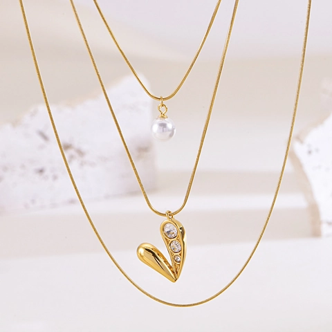 Collar de Varias Capas con Colgante de Corazón Vintage Francés para Mujer Acero de Titanio Perla Artificial Diamantes de Imitación