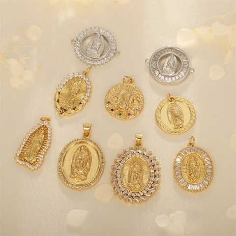 Virgin Mary Religious Portrait Pendants Retro Zircon Inlay Copper Gold Rhodium Plated Charms For DIY Jewelry Making Accessories