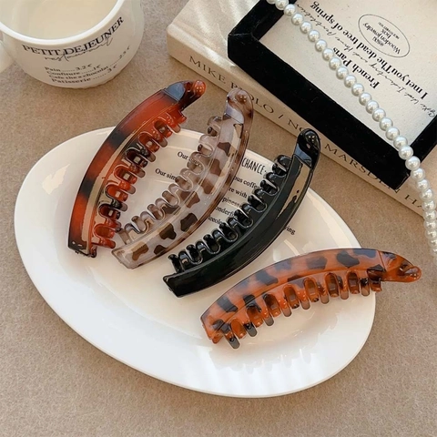 Franse Retro Banaan Haarclips Schildpadpatroon Amber Luipaard Plastic Antislip Verticale Klauw Voor Vrouwen Elegant Paardenstaart Accessoire